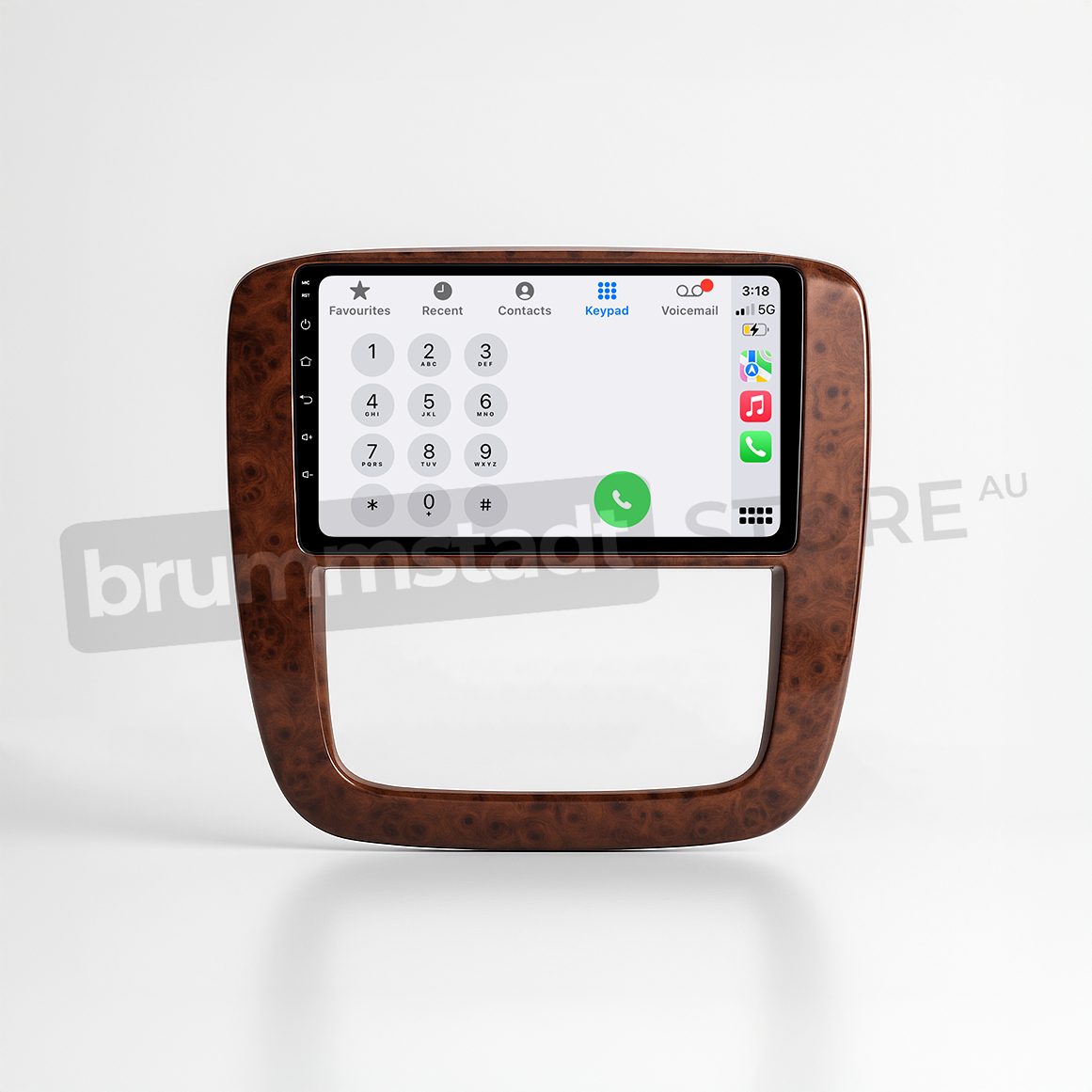 Brummstadt head unit for Chevrolet Silverado 2007-2013, wood grain finish with touchscreen, Apple CarPlay and Android Auto interface showcasing dialer, recent calls, and favorites. Features contact access, voicemail, and wireless connectivity, enhancing navigation and communication capabilities in Chevrolet Silverado.