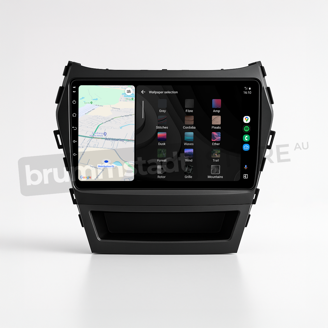 Brummstadt head unit for Hyundai Santa Fe 2013-2018, black frame with touchscreen displaying Apple CarPlay interface including Google Maps and various wallpaper selections, ideal for navigation and personalization in Hyundai Santa Fe vehicles.