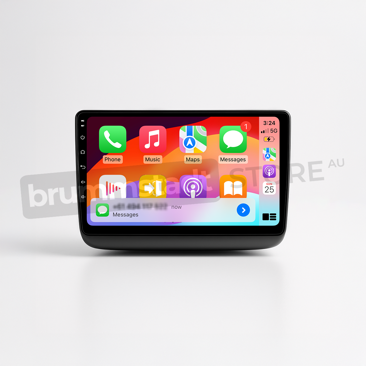 Brummstadt head unit for Jeep Grand Cherokee 2014-2022, black frame with a sleek touchscreen, Apple CarPlay interface showing Phone, Music, Messages, and Google Maps apps, designed for enhanced navigation and communication in Jeep Grand Cherokee vehicles.