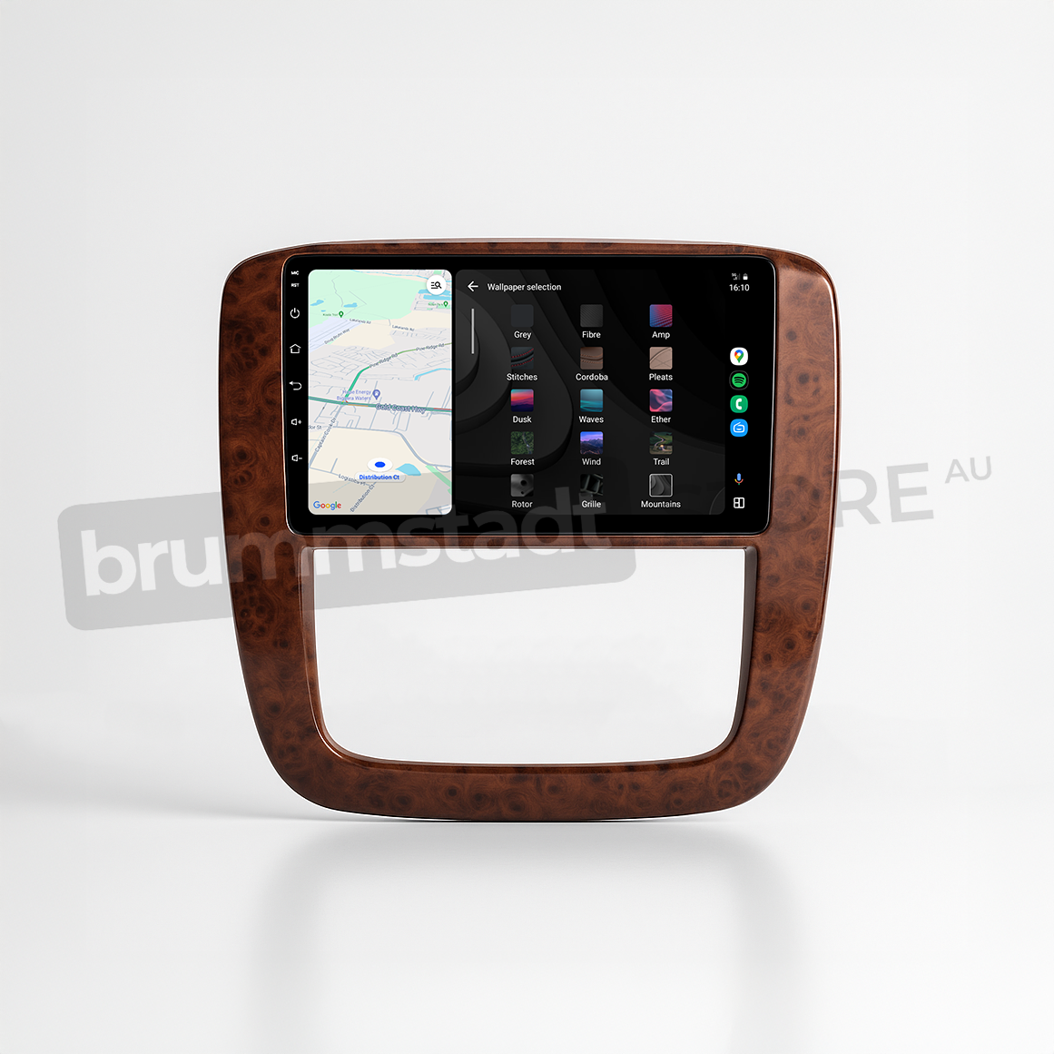 Brummstadt head unit for Chevrolet Silverado 2007-2013, featuring a stylish wood finish, touchscreen interface with Apple CarPlay displaying Google Maps, and options for multiple audio sources, designed for navigation and seamless connectivity in Chevrolet Silverado vehicles.