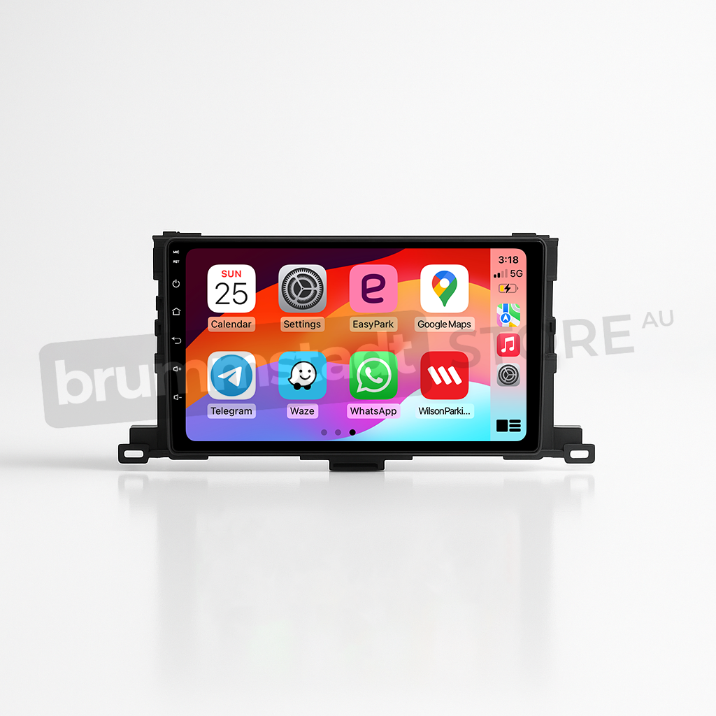 Brummstadt, Toyota Kluger 2014-2019, Brummstadt head unit, Apple CarPlay, Android Auto, wired and wireless connectivity, touchscreen interface, Google Maps, WhatsApp, calendar app, settings icon, vibrant display, infotainment system upgrade, premium audio controls, dashboard enhancement, modern technology integration, vehicle electronics.