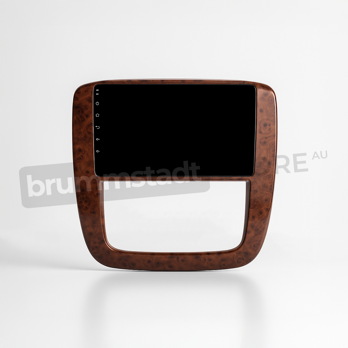 Brummstadt head unit for Chevrolet Silverado 2007-2013, brown wooden frame with a blank capacitive touchscreen, featuring vertical shortcut buttons for Home, Back, Volume, Menu, designed for enhancing the dashboard experience in Chevrolet Silverado vehicles.