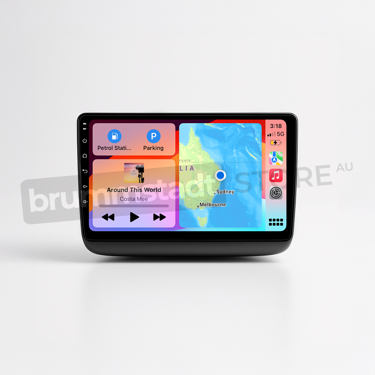 Brummstadt head unit for Jeep Grand Cherokee 2014-2022, black frame with a large touchscreen, Apple CarPlay interface displaying Google Maps, Parking, and other application icons, providing navigation and communication features for Jeep Grand Cherokee drivers.