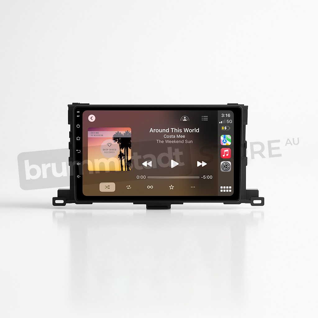 Brummstadt, Toyota Kluger 2014-2019, Brummstadt head unit, wired and wireless Apple CarPlay, Android Auto compatibility, touchscreen interface, music playback, navigation controls, glossy black finish, multimedia system upgrade, vehicle infotainment enhancement, smartphone integration, audio streaming, user-friendly interface, modern dashboard upgrade.