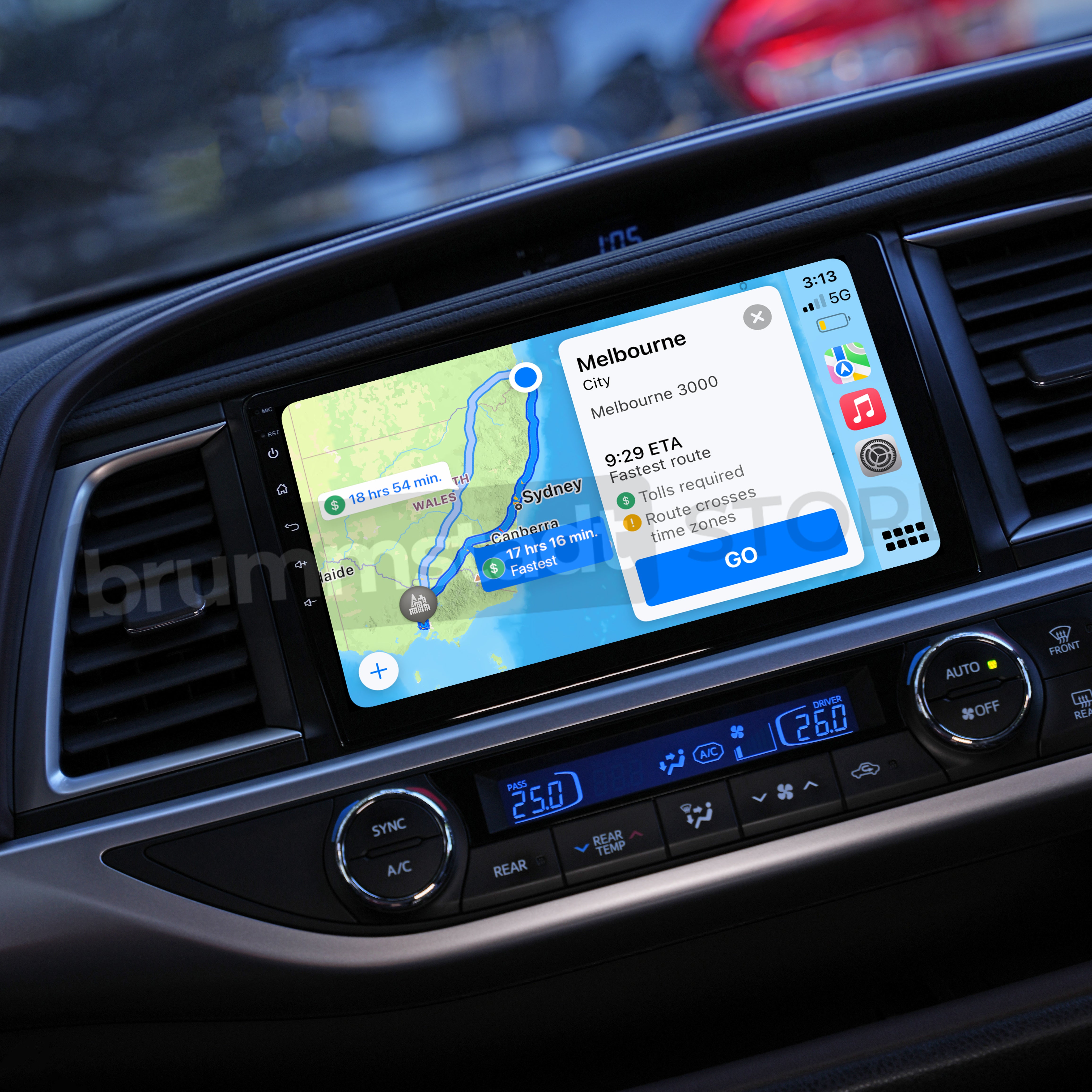 Brummstadt, Toyota Kluger 2014-2019, Apple CarPlay navigation, Google Maps route Sydney to Melbourne, touchscreen interface, wired and wireless CarPlay, dual-zone climate control, audio settings, Bluetooth connectivity, modern infotainment system, aesthetics upgrade, dashboard technology enhancement.