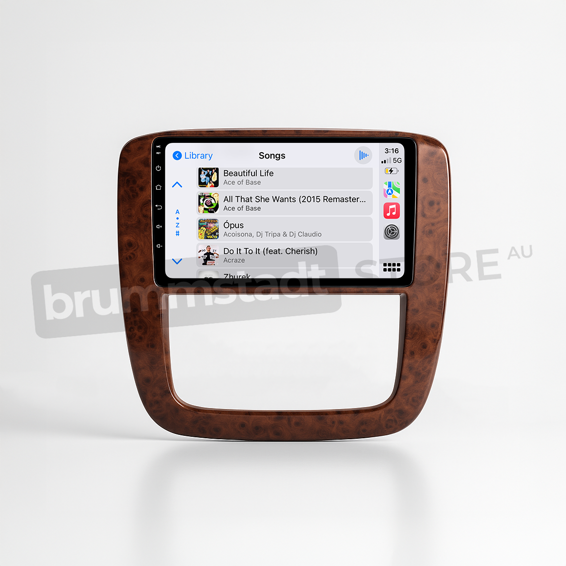 Brummstadt head unit for Chevrolet Silverado 2007-2013 featuring a wood grain frame and a capacitive touchscreen. The Apple CarPlay interface displays a library of songs, including options like "Beautiful Life," and "All of That Wants," as well as other music controls. This upgrade enhances navigation and music experience in Chevrolet Silverado, showcasing the seamless integration of Apple CarPlay for a modern infotainment system.