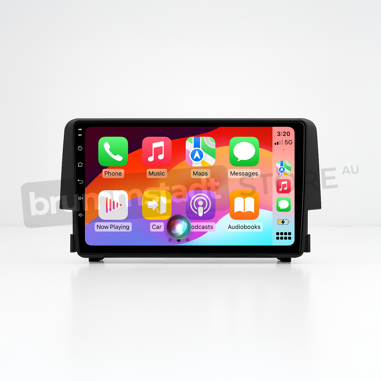 Brummstadt head unit for Honda Civic 2016-2018, black frame with capacitive buttons, Apple CarPlay interface showcasing Google Maps, Music, Messages, Phone apps, and audiobook features, touchscreen upgrade for navigation and communication in Honda Civic.