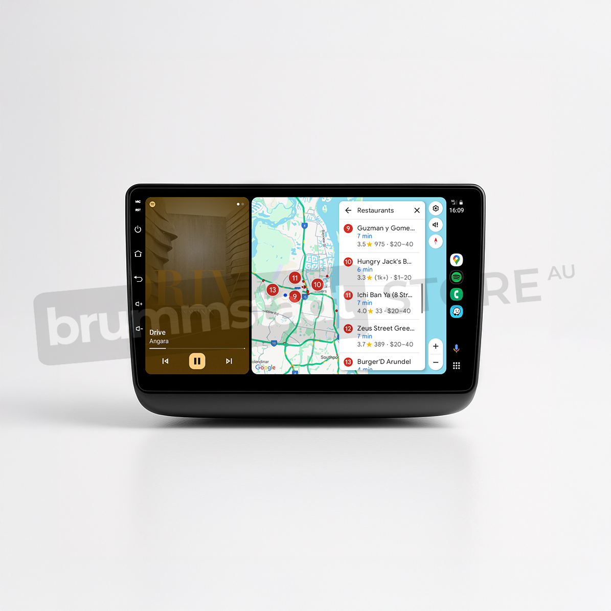 Brummstadt head unit for Jeep Grand Cherokee 2014-2022, black frame with touchscreen, Android Auto interface displaying Google Maps, restaurant locations, and navigation options, designed for enhancing navigation and communication apps in Jeep Grand Cherokee vehicles.