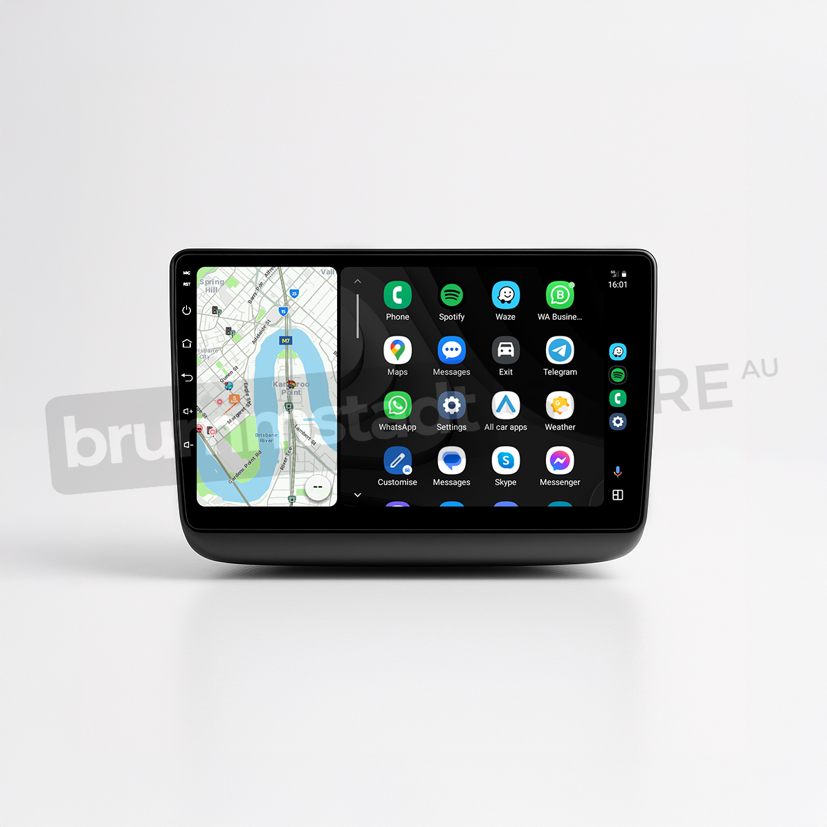 Brummstadt head unit for Jeep Grand Cherokee 2014-2022, black frame with capacitive buttons, Android Auto interface showing Google Maps, Waze, WhatsApp, Telegram, Weather apps, touchscreen interface upgrade for navigation and communication in Jeep Grand Cherokee vehicles.