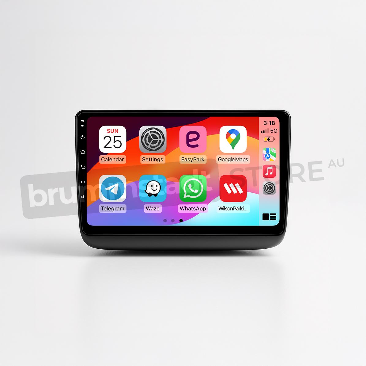 Brummstadt head unit for Jeep Grand Cherokee 2014-2022, featuring a black frame with a touchscreen interface, displaying Apple CarPlay with icons for Google Maps, Waze, WhatsApp, Telegram, and EasyPark apps for navigation and messaging in Jeep Grand Cherokee vehicles.
