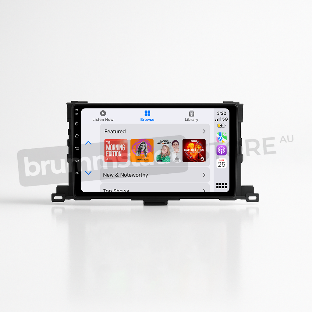Brummstadt, Toyota Kluger 2014-2019, Brummstadt head unit, Apple CarPlay interface, Android Auto compatibility, touchscreen display, radio infotainment system, featured apps, music streaming, navigation options, sleek design, user-friendly layout, multimedia control, vehicle upgrade, modern technology integration, Kluger dashboard enhancement.