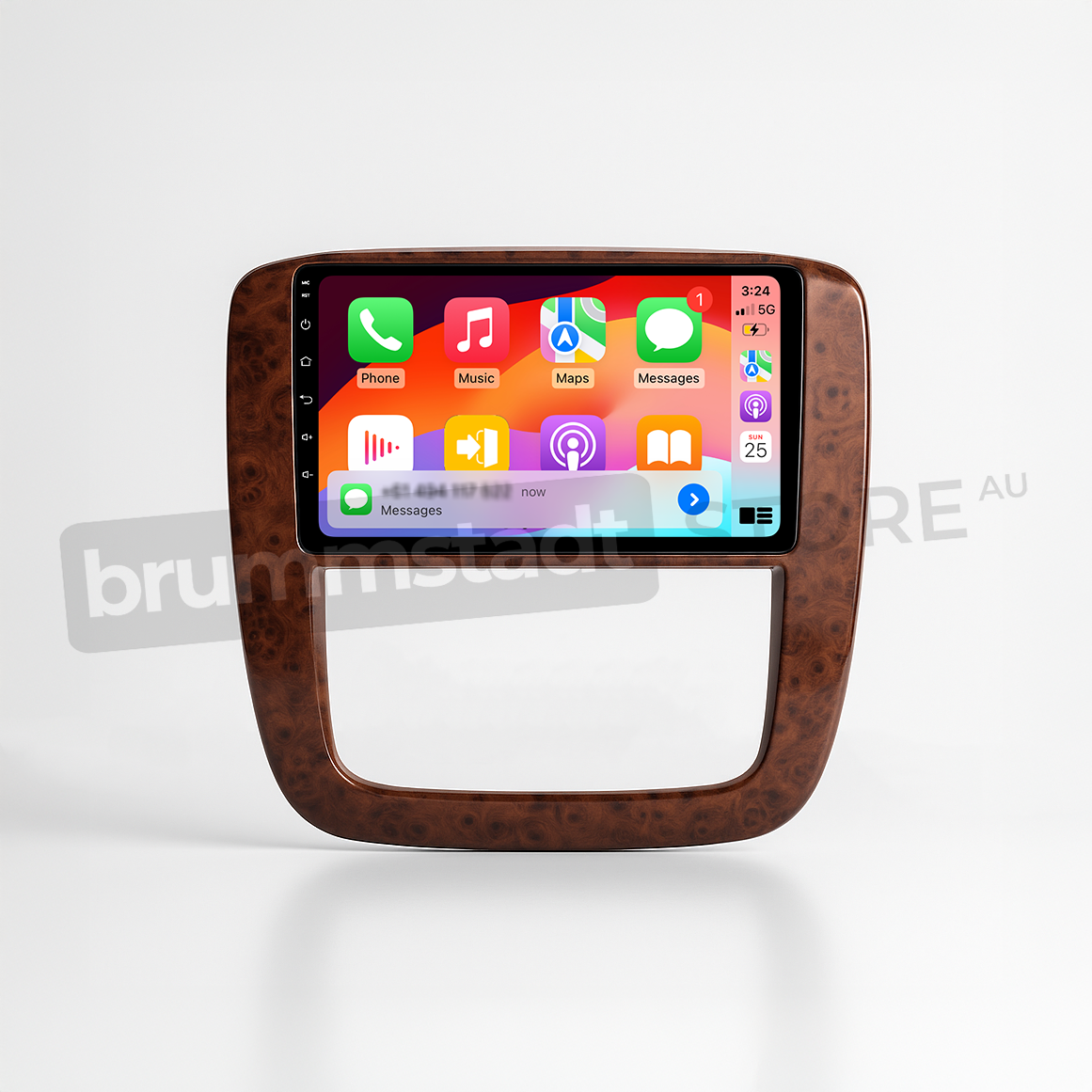 Brummstadt head unit for Chevrolet Silverado 2007-2013, brown wood finish with a touchscreen display, Apple CarPlay interface showcasing Google Maps, Messages, Phone, and Music apps, providing navigation and communication capabilities for Chevrolet Silverado owners.