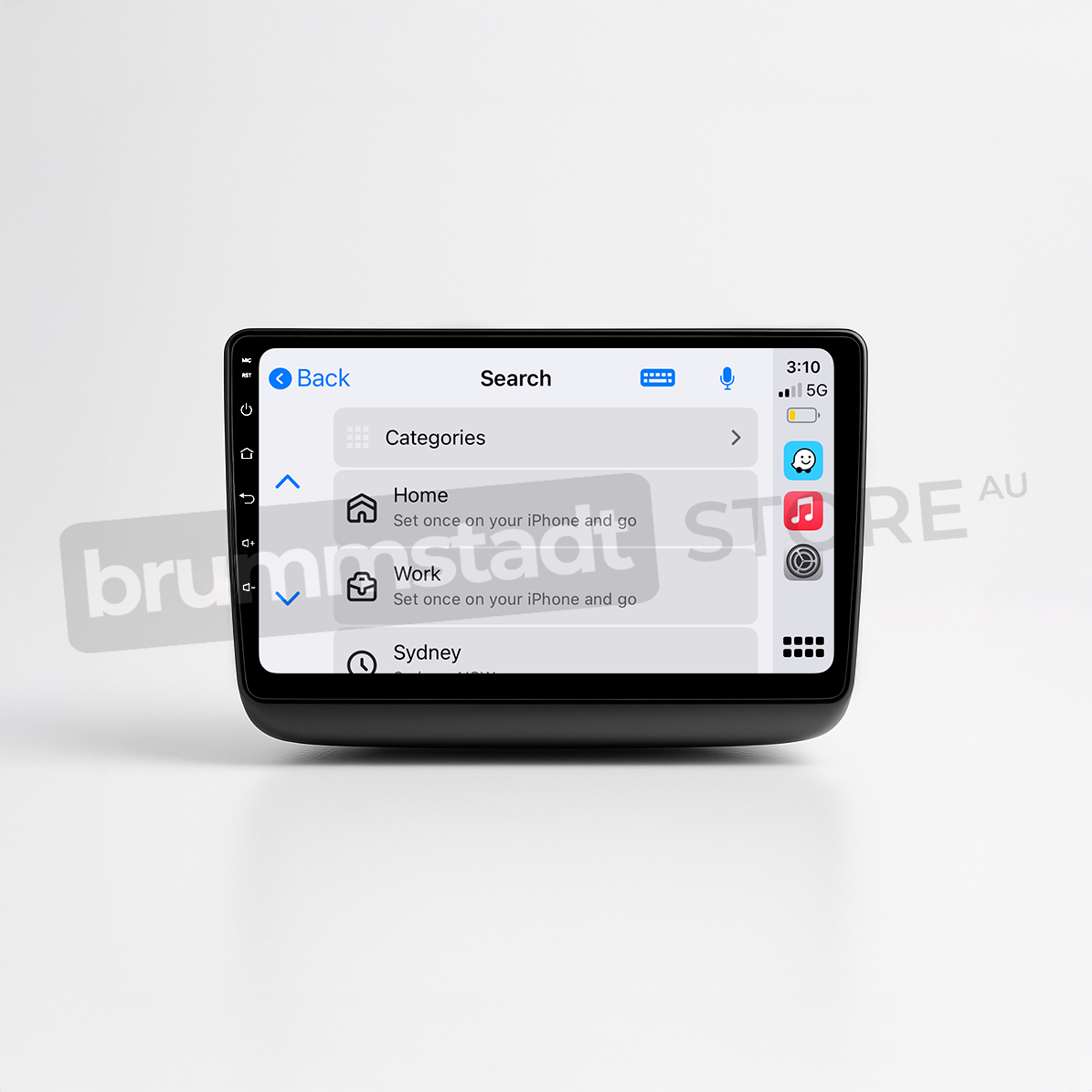 Brummstadt head unit for Jeep Grand Cherokee 2014-2022, featuring a touchscreen interface with visible Apple CarPlay displaying apps for Google Maps, messages, and other navigation options, designed for seamless integration in Jeep Grand Cherokee interiors.