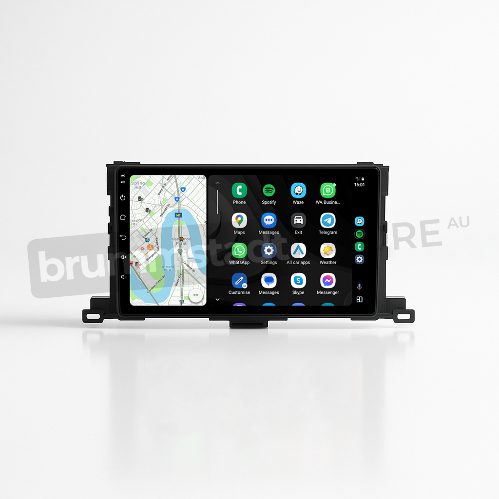 Brummstadt, Toyota Kluger 2014-2019, Brummstadt head unit, Apple CarPlay navigation, Android Auto interface, wired & wireless connectivity, Google Maps route display, Spotify app, WhatsApp notifications, multi-functional touchscreen, driving directions, infotainment upgrade kit, vehicle tech enhancement, user interface icons, stylish dashboard accessory.
