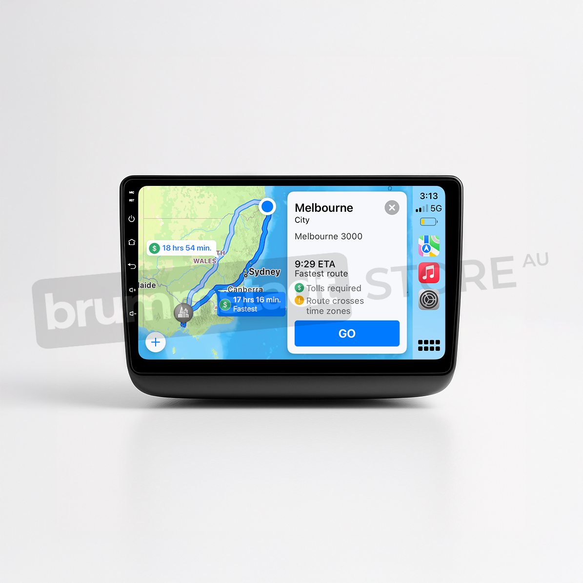 Brummstadt head unit for Jeep Grand Cherokee 2014-2022, black frame, Apple CarPlay interface displaying Google Maps, including a route with ETA and details for fastest route, touchscreen upgrade for navigation in Jeep Grand Cherokee interiors.