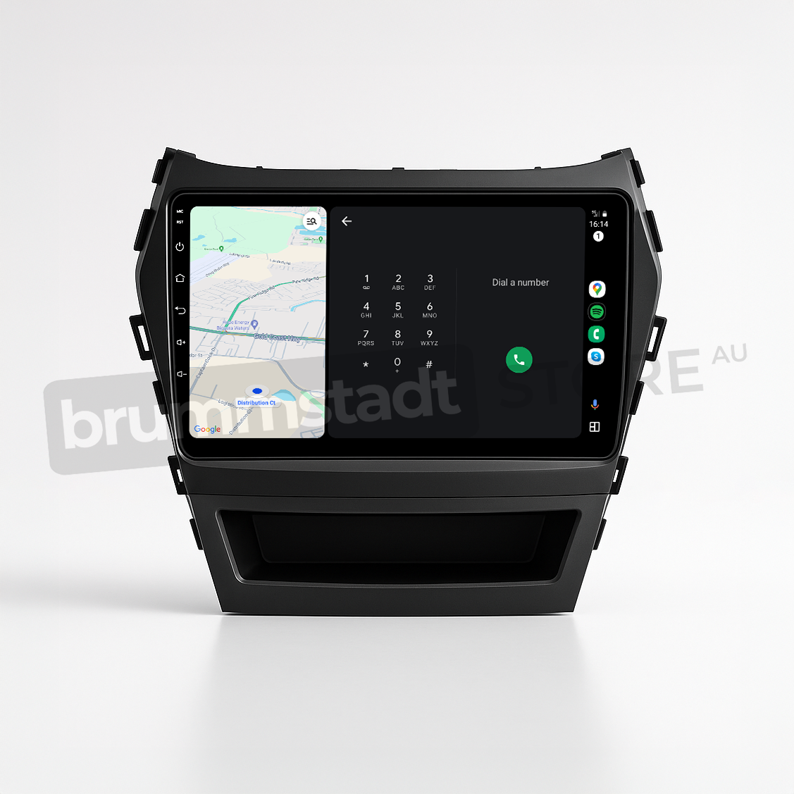 Brummstadt head unit for Hyundai Santa Fe 2013-2018, black frame with capacitive touchscreen, Apple CarPlay interface displaying Google Maps and a contacts list for dialing, providing navigation and calling features tailored for Hyundai Santa Fe vehicles.