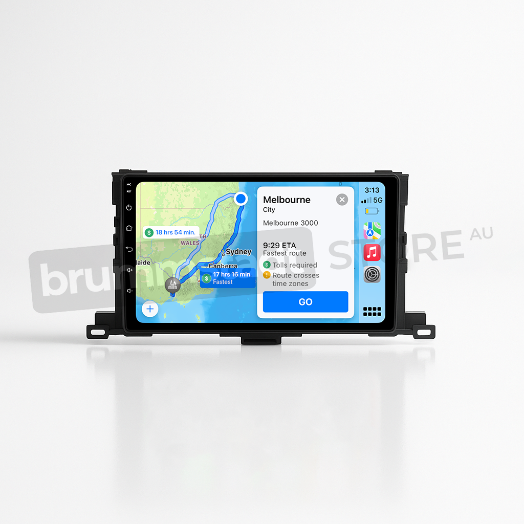 Brummstadt, Toyota Kluger 2014-2019, Apple CarPlay navigation, Google Maps route Sydney to Melbourne, touchscreen interface, wireless connectivity, infotainment upgrade, real-time traffic updates, route planning, Melbourne city map, user-friendly controls, Brummstadt head unit features, enhanced audio experience, smartphone integration, modern dashboard technology.