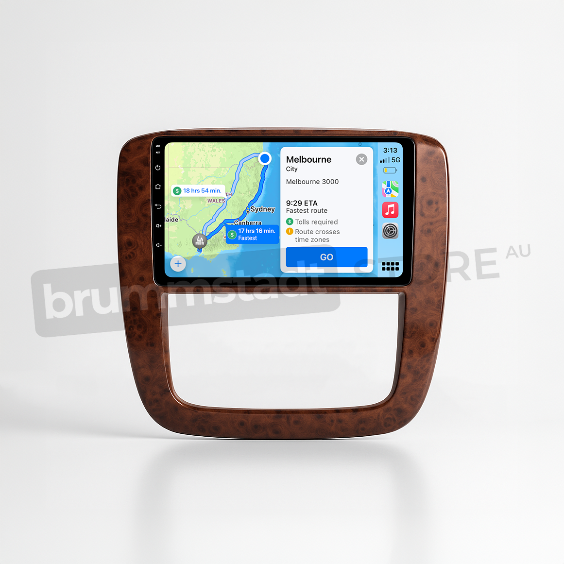 Brummstadt head unit for Chevrolet Silverado 2007-2013, wooden frame with touchscreen, Apple CarPlay interface displaying Google Maps with navigation to Melbourne, showing route and distance, designed for enhancing connectivity and navigation in Chevrolet Silverado vehicles.