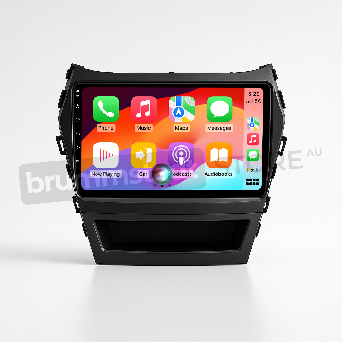 Brummstadt head unit for Hyundai Santa Fe 2013-2018, black frame with touchscreen, Apple CarPlay interface showcasing Google Maps, Phone, Messages, Podcasts, and Audiobooks apps, equipped for navigation and communication enhancements in Hyundai Santa Fe interiors.