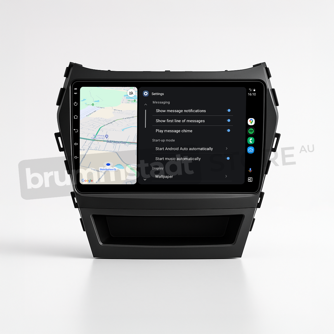 Brummstadt head unit for Hyundai Santa Fe 2013-2018, sleek black design, Android Auto interface showcasing Google Maps, WhatsApp, Spotify, and other apps on a touchscreen, designed for enhanced navigation and communication in Hyundai Santa Fe vehicles.