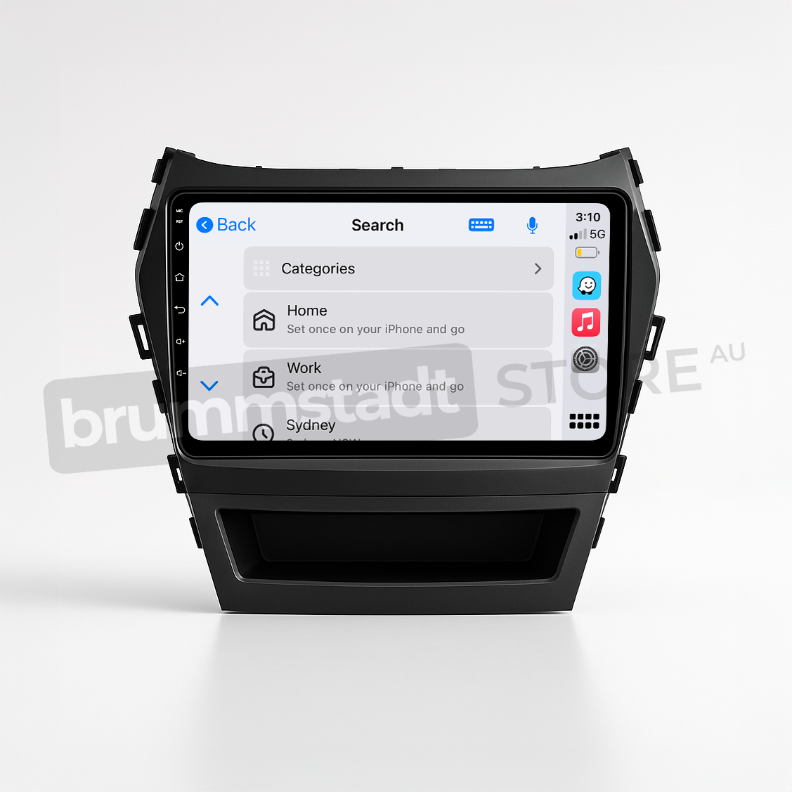 Brummstadt head unit for Hyundai Santa Fe 2013-2018, black frame with capacitive buttons, Apple CarPlay and Android Auto interface showing categories for Home and Work, Google Maps displayed, touchscreen upgrade for navigation in Hyundai Santa Fe.