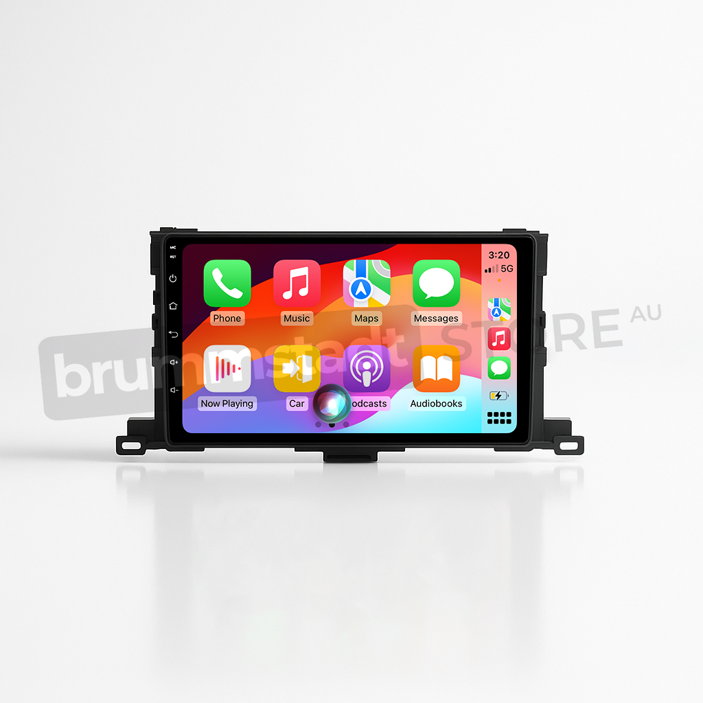 Brummstadt, Toyota Kluger 2014-2019, Brummstadt head unit, Apple CarPlay interface, Android Auto compatibility, touchscreen display, vibrant app icons, phone, music, maps, messages, podcasts, car icon, infotainment upgrade, glossy black finish, capacitive buttons, radio system, vehicle electronics, modern dashboard upgrade.