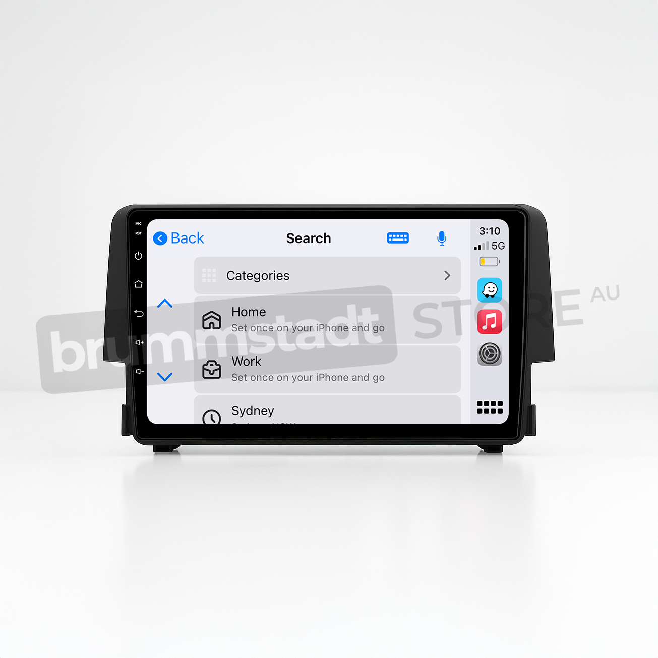 Brummstadt head unit for Honda Civic 2016-2018 featuring a black frame with a touchscreen interface. The Apple CarPlay UI displays Google Maps, indicating location services in Sydney, along with messaging and music apps such as WhatsApp, shown for connectivity in Honda Civic vehicles.