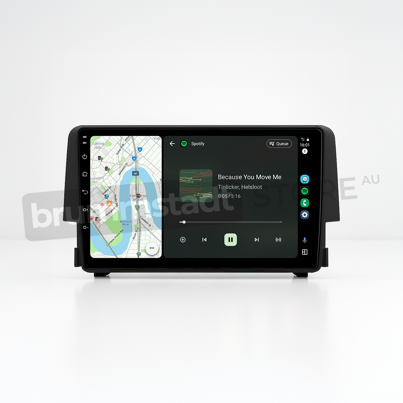 Brummstadt head unit for Honda Civic 2016-2018, black frame with large touchscreen, Apple CarPlay interface showing Google Maps on the left and Spotify on the right, providing navigation and music control options for a seamless driving experience in Honda Civic vehicles.