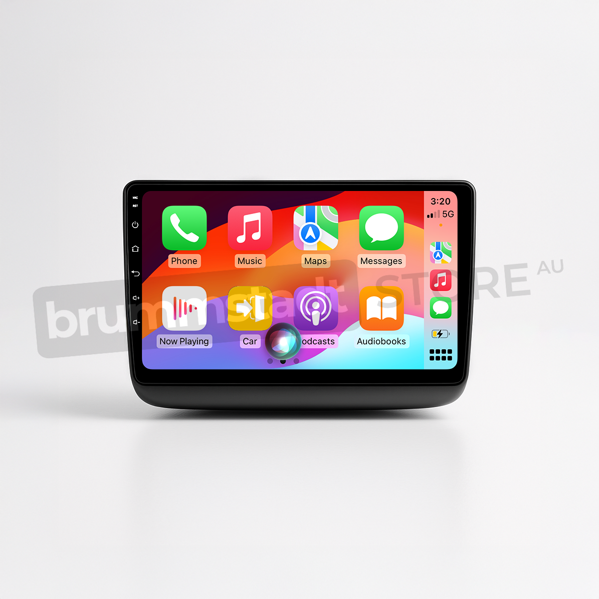 Brummstadt head unit for Jeep Grand Cherokee 2014-2022, featuring a black frame, touchscreen display with Apple CarPlay interface showing icons for Phone, Music, Maps, Podcasts, Audiobooks, and a Now Playing widget, enhancing navigation and audio streaming functions in Jeep Grand Cherokee vehicles.