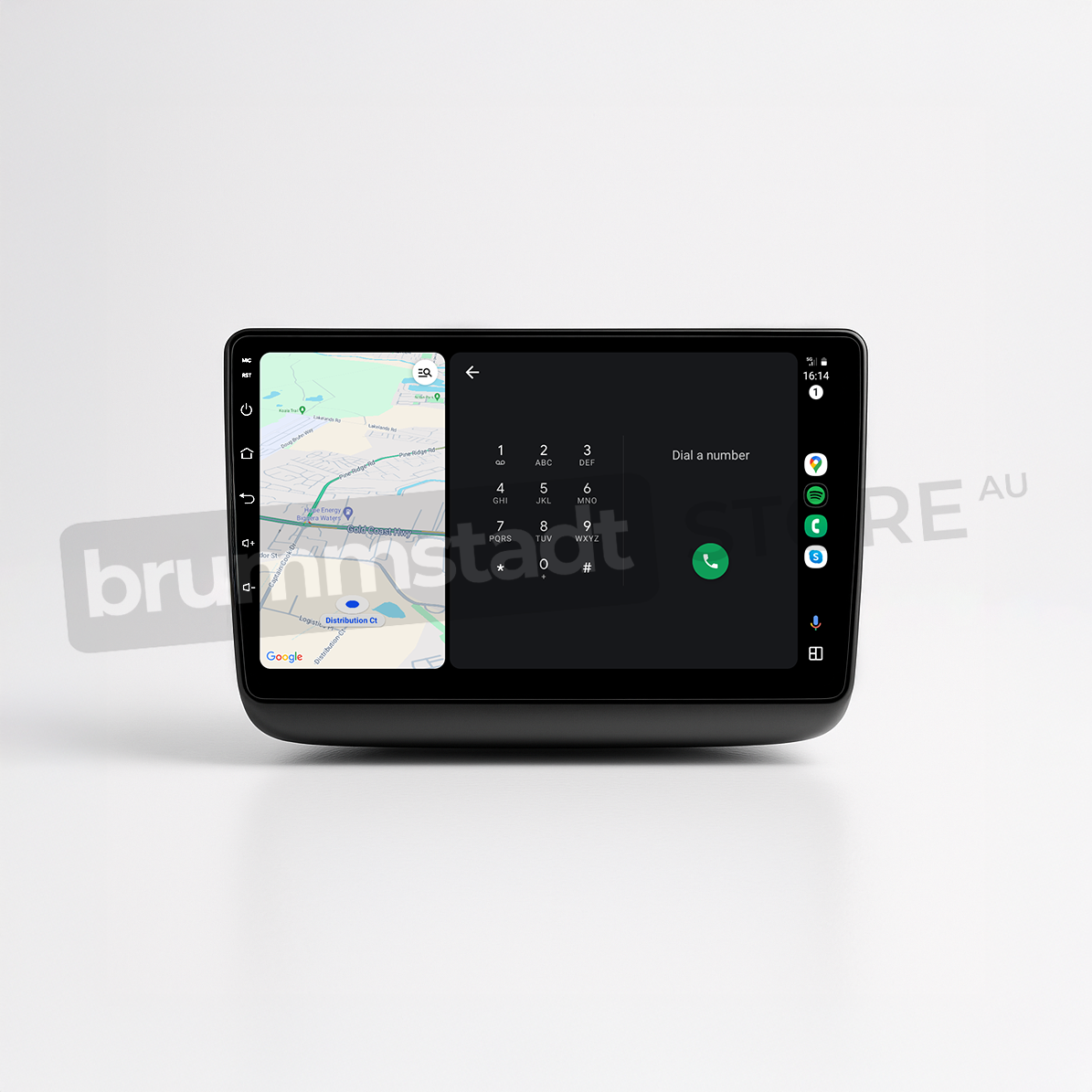 Brummstadt head unit for Jeep Grand Cherokee 2014-2022, black frame with touchscreen showing Android Auto interface displaying Google Maps and a dialer screen, designed for enhanced navigation and communication in Jeep Grand Cherokee vehicles.