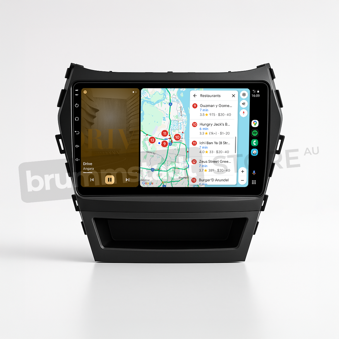 Brummstadt head unit for Hyundai Santa Fe 2013-2018, black frame with a large touchscreen interface displaying both Apple CarPlay and Android Auto features, showing Google Maps with nearby restaurants, and music playing. This unit allows navigation and communication through apps like WhatsApp and Spotify, enhancing the infotainment experience in Hyundai Santa Fe interiors.