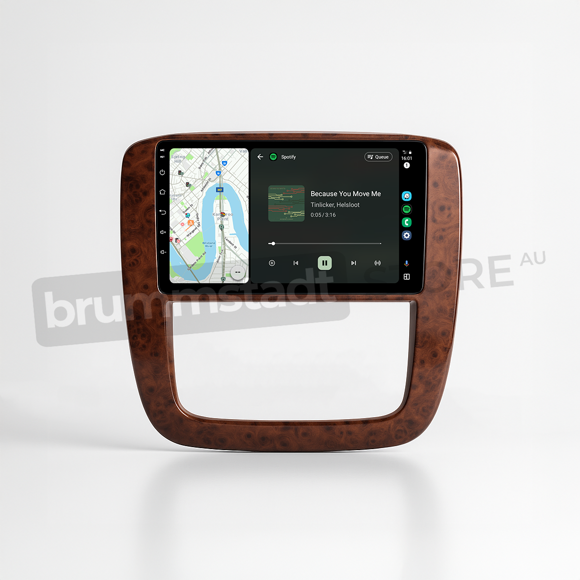 Brummstadt head unit for Chevrolet Silverado 2007-2013, stylish wood finish, Apple CarPlay interface displaying Google Maps and Spotify, touchscreen upgrade for navigation and music in Chevrolet Silverado interiors.