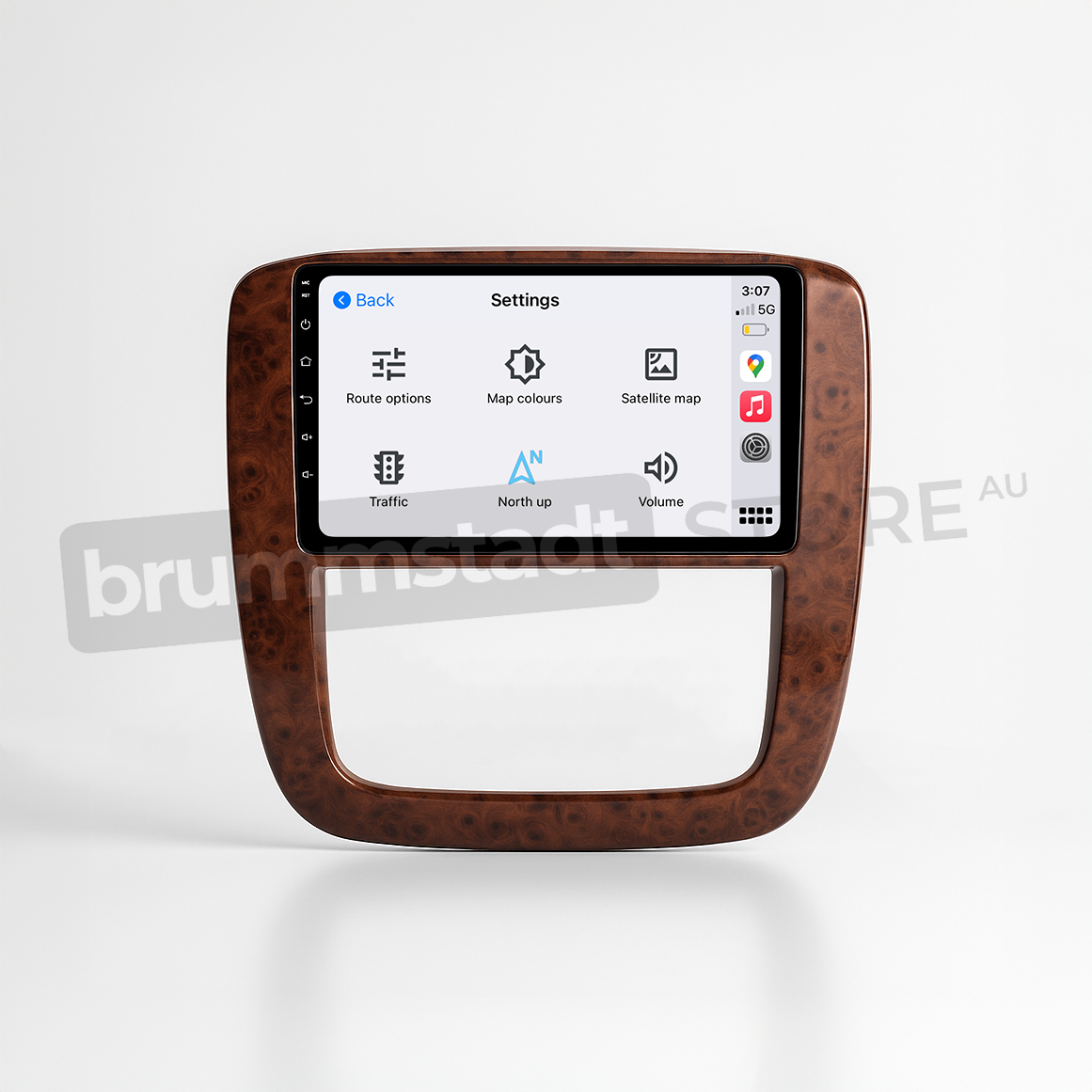 Brummstadt head unit for Chevrolet Silverado 2007-2013 with a wooden finish and a capacitive touchscreen, featuring an active Apple CarPlay interface displaying navigation, map settings, traffic options, and volume controls, designed for enhancing connectivity in Chevrolet Silverado vehicles.