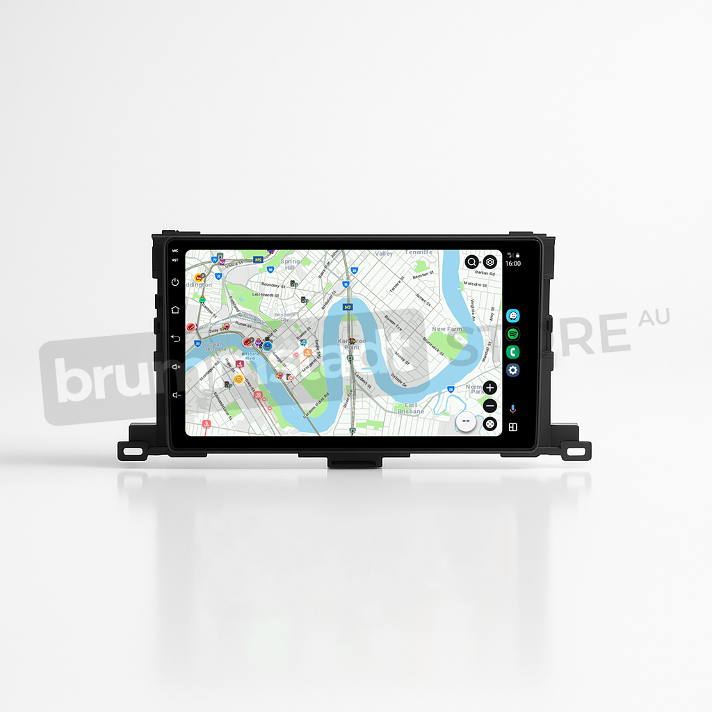 Brummstadt, Toyota Kluger 2014-2019, Apple CarPlay navigation, Google Maps interface, touchscreen display, glossy black bezel, fitted aftermarket radio, infotainment upgrade, smartphone connectivity, premium audio features, dual-zone climate control, steering wheel controls, modern automotive technology, Kluger dashboard installation, enhanced driving experience.
