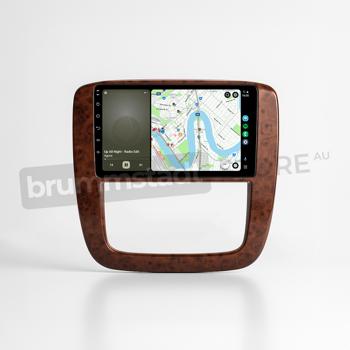 Brummstadt head unit for Chevrolet Silverado 2007-2013, wooden frame, Apple CarPlay interface displaying Google Maps and music playing with a visual track listing, touchscreen designed for enhanced navigation and entertainment in Chevrolet Silverado vehicles.
