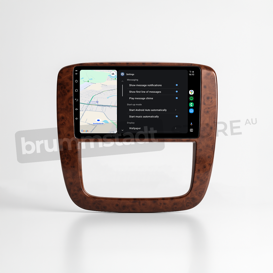 Brummstadt head unit for Chevrolet Silverado 2007-2013, premium design with a wood finish, Android Auto interface displaying Google Maps, messages, and settings, allowing access to navigation and communication apps, featuring touchscreen controls ideal for Chevrolet Silverado owners.