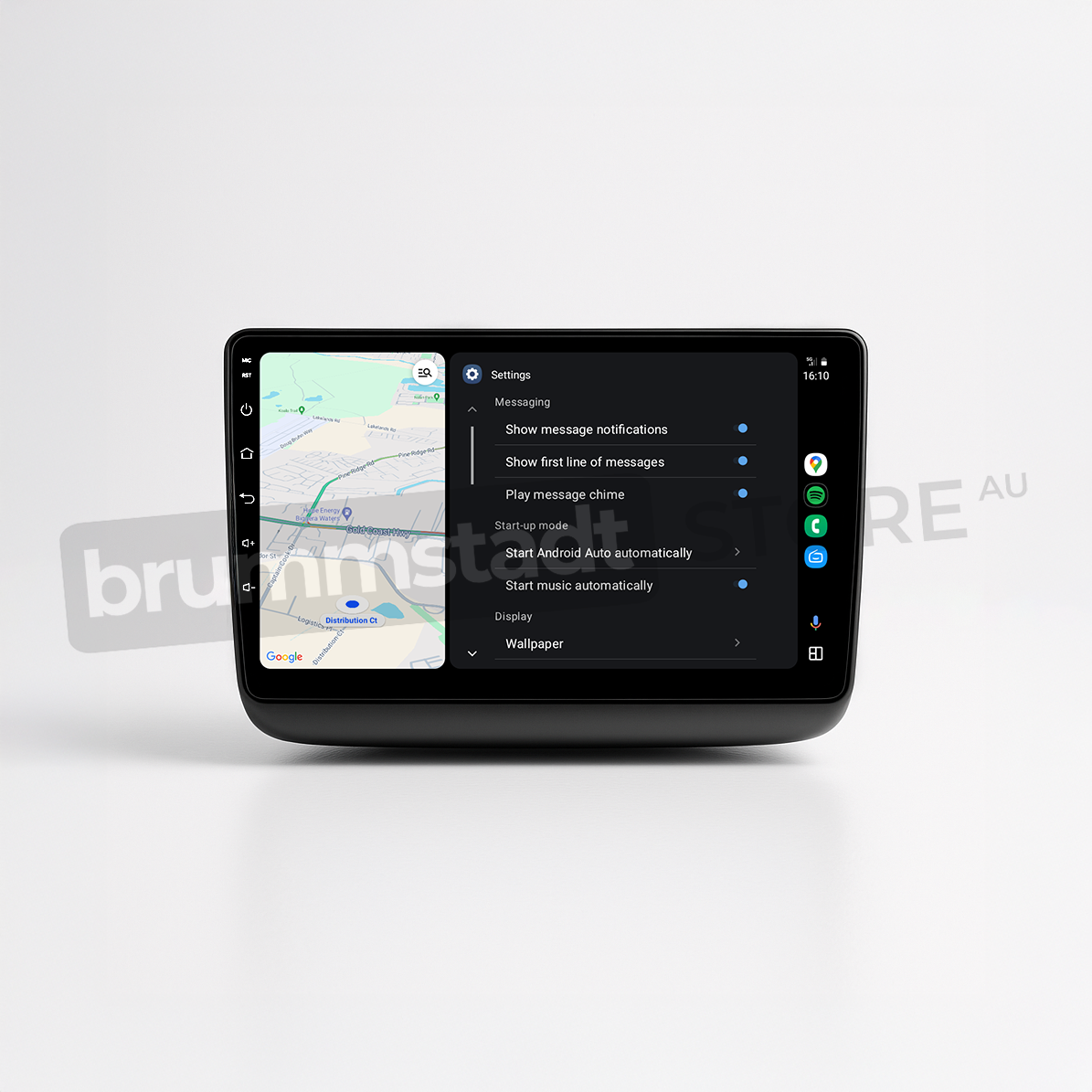 Brummstadt head unit for Jeep Grand Cherokee 2014-2022, black frame, Android Auto interface displaying Google Maps, Messaging settings, touchscreen with navigation and communication functionalities in Jeep Grand Cherokee interiors.
