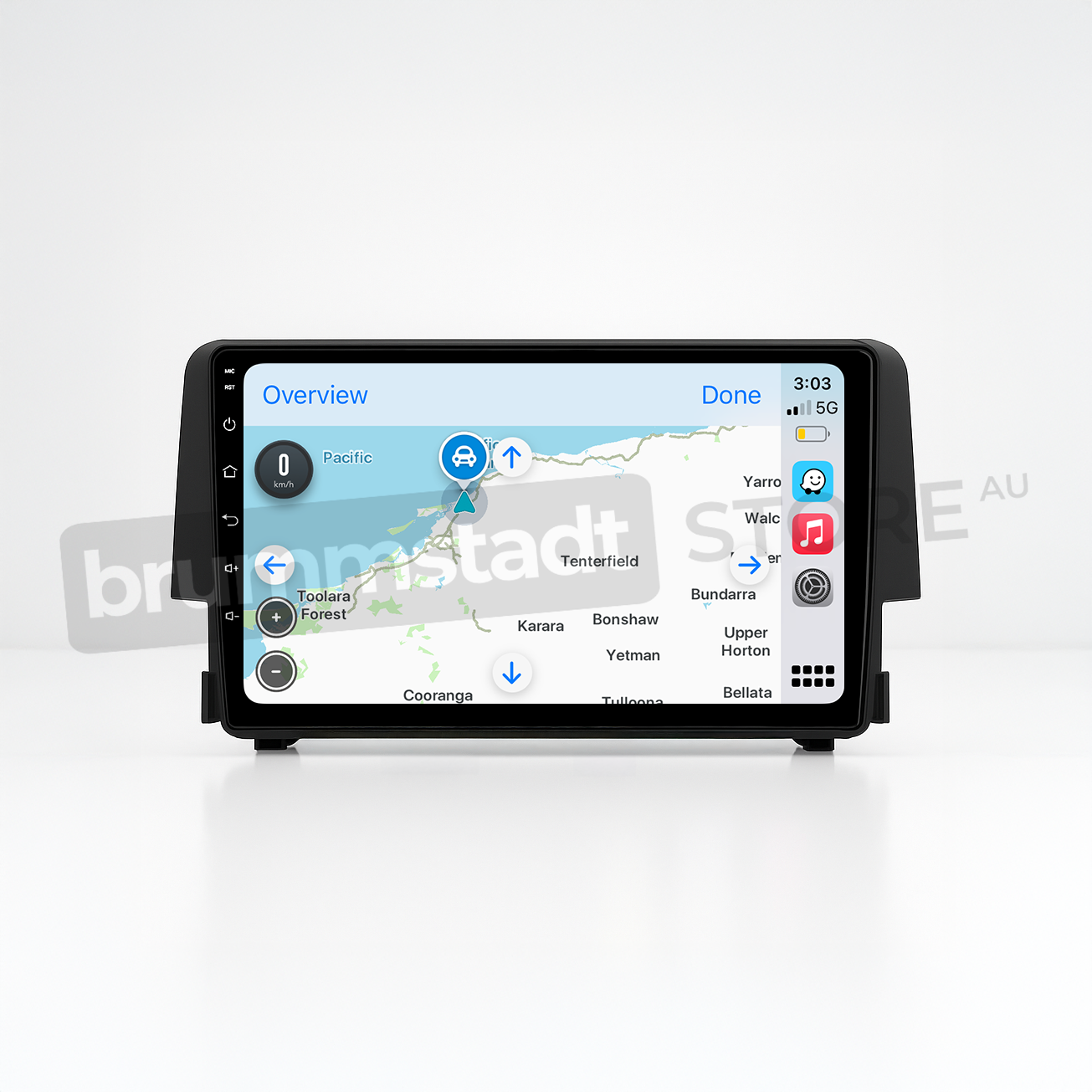 Brummstadt head unit for Honda Civic 2016-2018, featuring a black frame and a touchscreen displaying the Apple CarPlay interface with Google Maps, navigation, and nearby locations such as Tenterfield and Tallora Forest, providing an upgraded infotainment experience for Honda Civic vehicles.