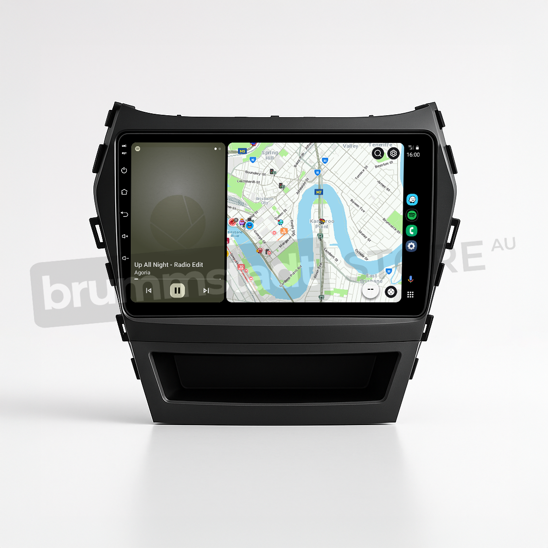Brummstadt head unit for Hyundai Santa Fe 2013-2018, black frame with integrated touchscreen, Apple CarPlay interface displaying Google Maps alongside music playback from a streaming app, designed for enhancing navigation and entertainment in Hyundai Santa Fe vehicles.