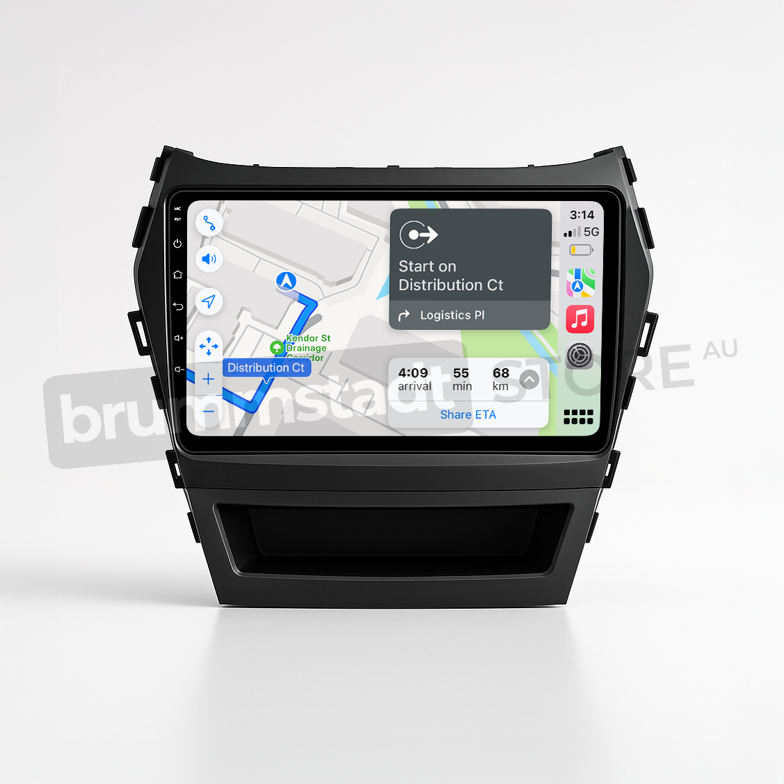 Brummstadt head unit for Hyundai Santa Fe 2013-2018, black casing with a large touchscreen displaying both Apple CarPlay and Android Auto interfaces, featuring Google Maps with navigation directions, showing current location and route to Distribution Ct, perfect for using navigation apps like Google Maps and communicating through WhatsApp, designed for upgrading the infotainment experience in Hyundai Santa Fe vehicles.