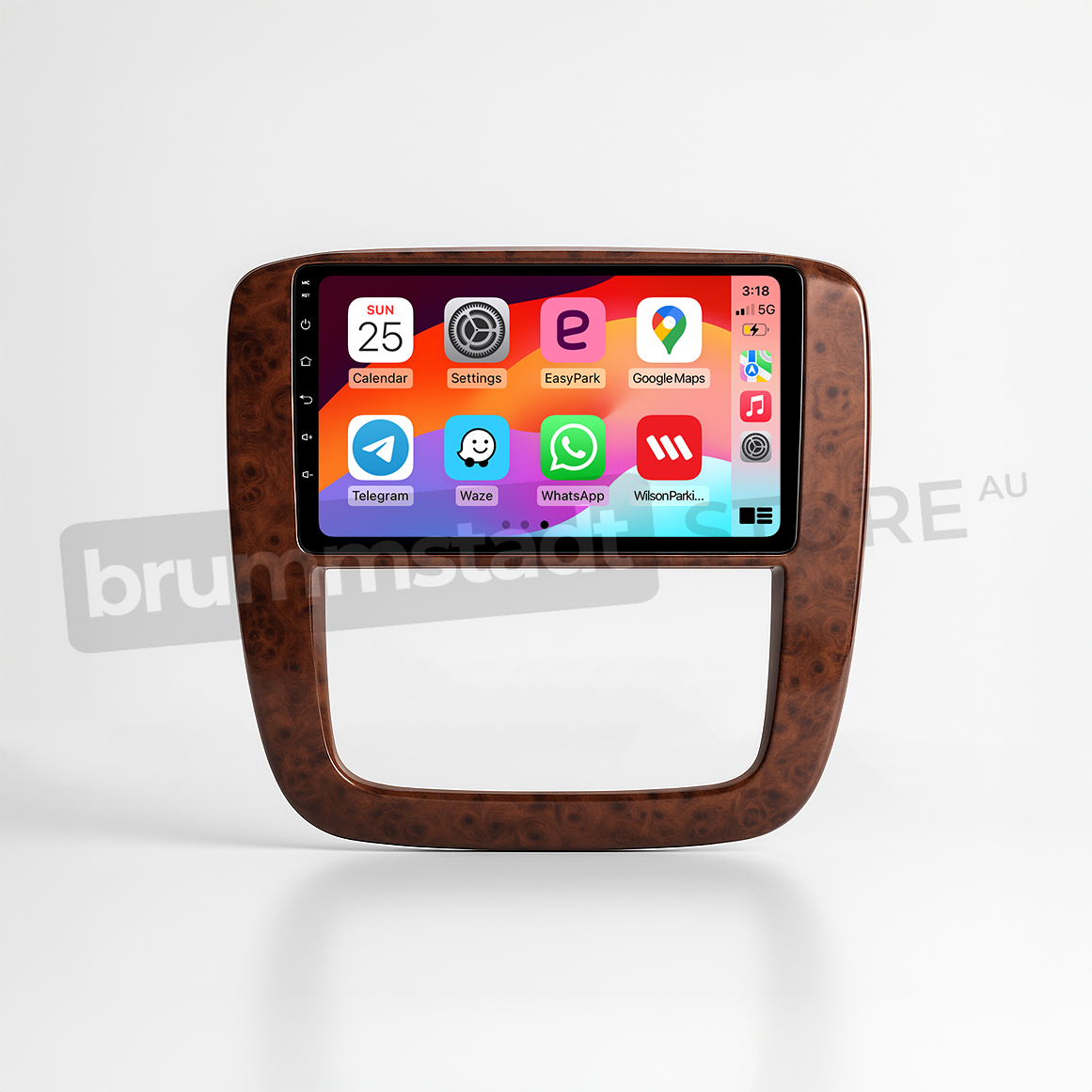 Brummstadt head unit for Chevrolet Silverado 2007-2013, with a brown frame, featuring an Apple CarPlay interface displaying Google Maps, Waze, EasyPark, WhatsApp, and Calendar apps, touchscreen design perfect for navigation and communication in Chevrolet Silverado interiors.