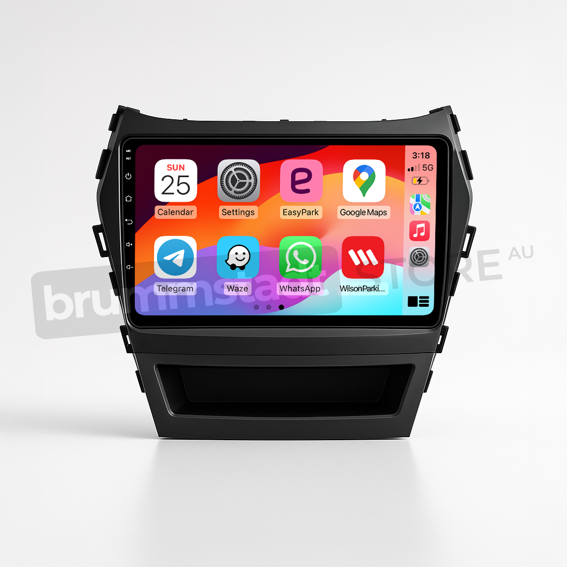 Brummstadt head unit for Hyundai Santa Fe 2013-2018, black frame with touchscreen, Apple CarPlay interface displaying Google Maps, Telegram, Waze, EasyPark, and WhatsApp apps, designed for navigation and communication in Hyundai Santa Fe interiors.
