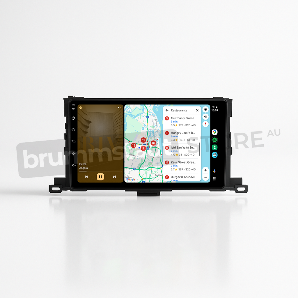 Brummstadt, Toyota Kluger 2014-2019, Brummstadt head unit, Apple CarPlay, Android Auto, Google Maps navigation, wireless connectivity, restaurant search, map view, sleek design, touchscreen interface, infotainment upgrade, Kluger interior enhancement, dual access interface, smart navigation features.
