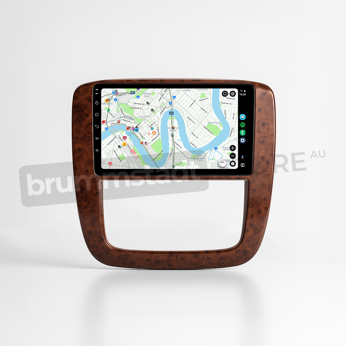 Brummstadt head unit for Chevrolet Silverado 2007-2013 featuring a brown wood frame, touchscreen with Apple CarPlay interface displaying Google Maps for navigation, customizable app buttons, designed for enhancing the infotainment experience in Chevrolet Silverado vehicles.