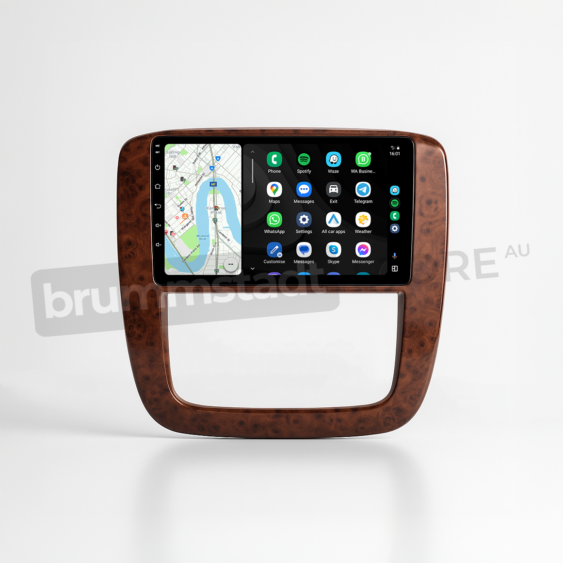 Brummstadt head unit for Chevrolet Silverado 2007-2013, featuring a wooden finish, touchscreen interface displaying Apple CarPlay with Google Maps, WhatsApp, Messenger, and Spotify apps, designed for enhanced navigation and communication in Chevrolet Silverado vehicles.