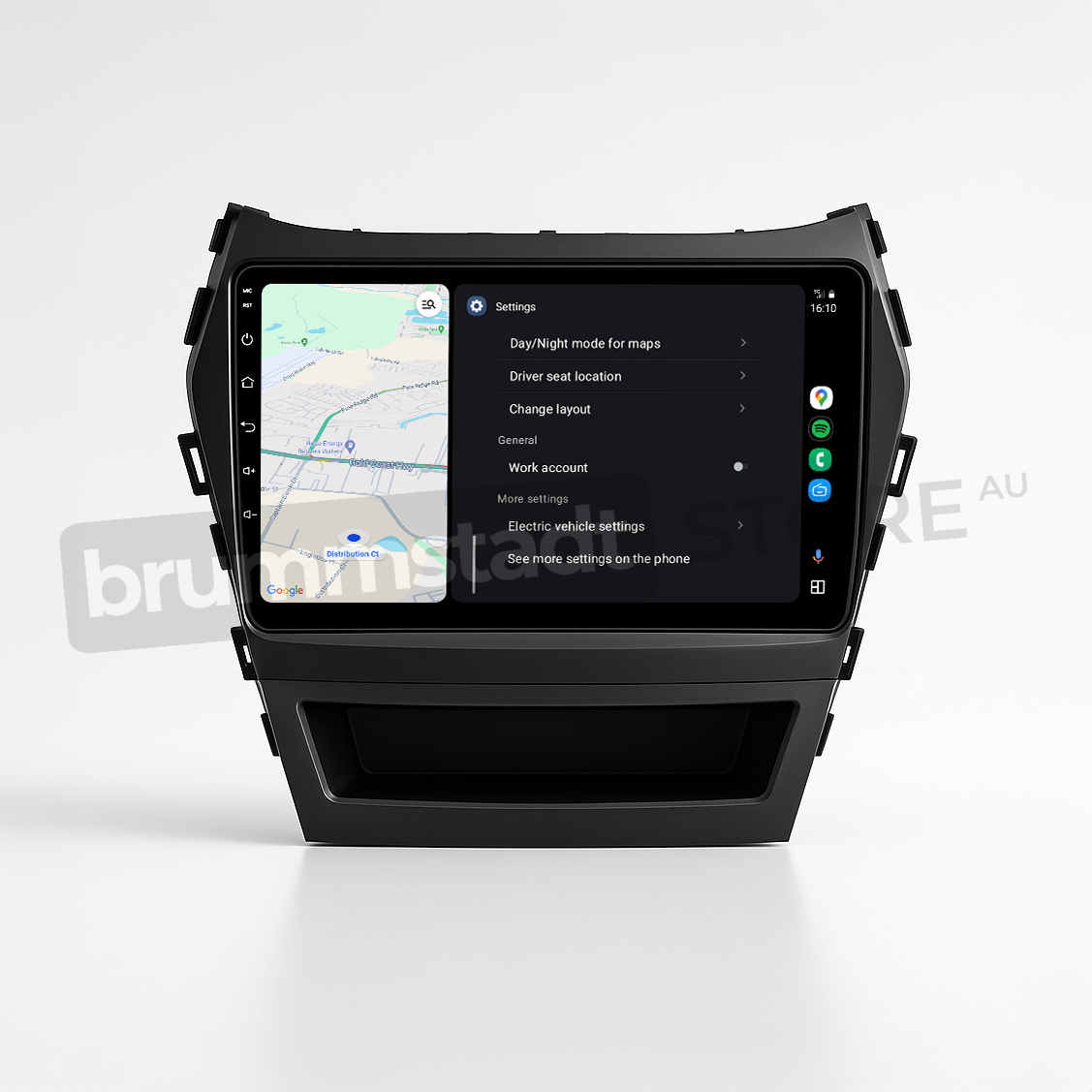Brummstadt head unit for Hyundai Santa Fe 2013-2018, sleek black design, Apple CarPlay interface displaying Google Maps, Settings, and Electric Vehicle settings, touchscreen upgrade for navigation and settings in Hyundai Santa Fe.