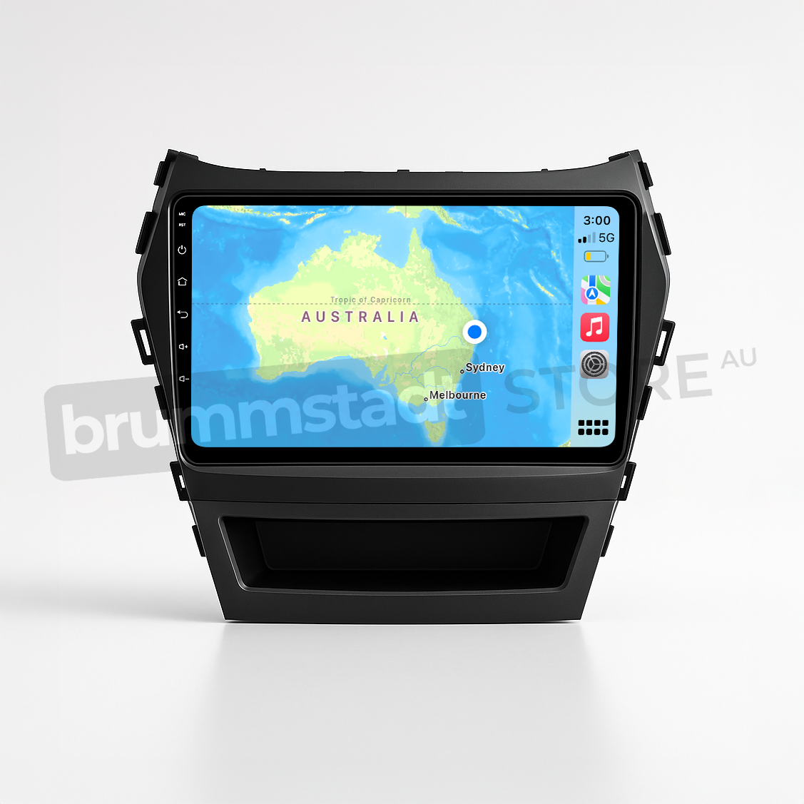 Brummstadt head unit for Hyundai Santa Fe 2013-2018 featuring a black frame and a touchscreen interface displaying the Apple CarPlay screen with Google Maps showing Sydney and Melbourne, along with music playback icons, designed for navigation and connectivity in Hyundai Santa Fe vehicles.