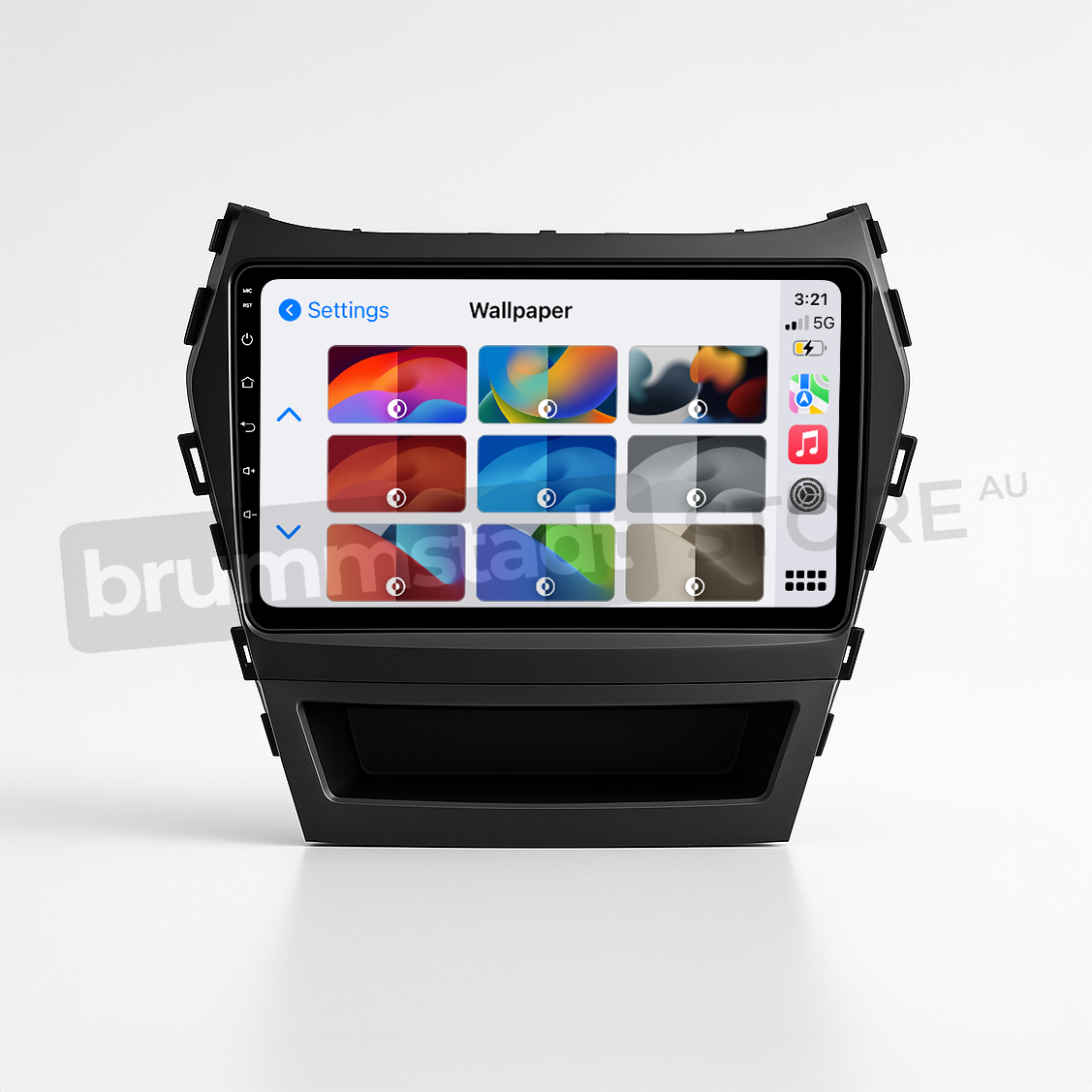 Brummstadt head unit for Hyundai Santa Fe 2013-2018, showcasing a black frame with a capacitive touchscreen, actively displaying the Apple CarPlay interface featuring various app icons including Google Maps, Music, and Messages, designed for seamless integration in Hyundai Santa Fe vehicles.