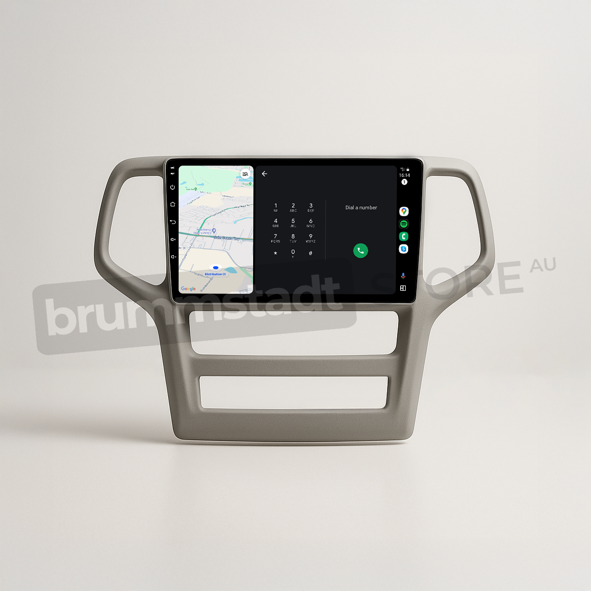 Brummstadt head unit for Jeep Grand Cherokee 2008-2013, grey frame, touchscreen interface displaying Apple CarPlay with Google Maps and Phone dialer, designed for navigation and communication upgrades in Jeep Grand Cherokee vehicles.
