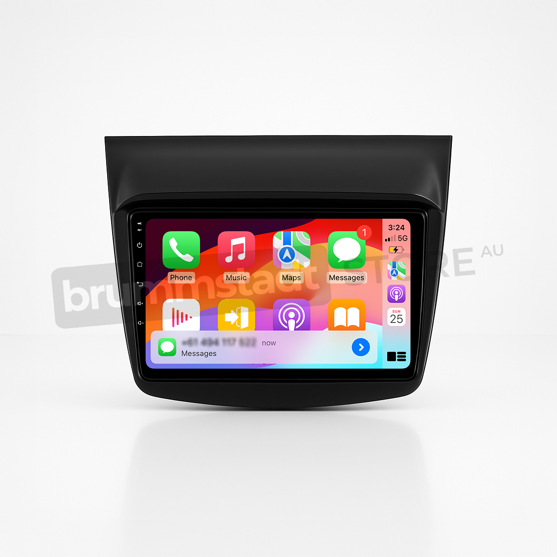 Brummstadt head unit for Mitsubishi Challenger 2008-2016, sleek black frame, Apple CarPlay interface displaying Google Maps, Messages, Music, Phone apps, touchscreen functionality for navigation and communication in Mitsubishi Challenger vehicles.